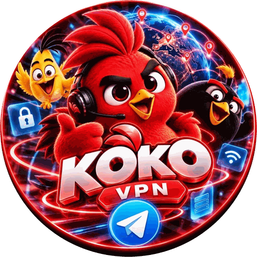 Маскот KokoVPN: птица в наушниках и логотип KOKO VPN